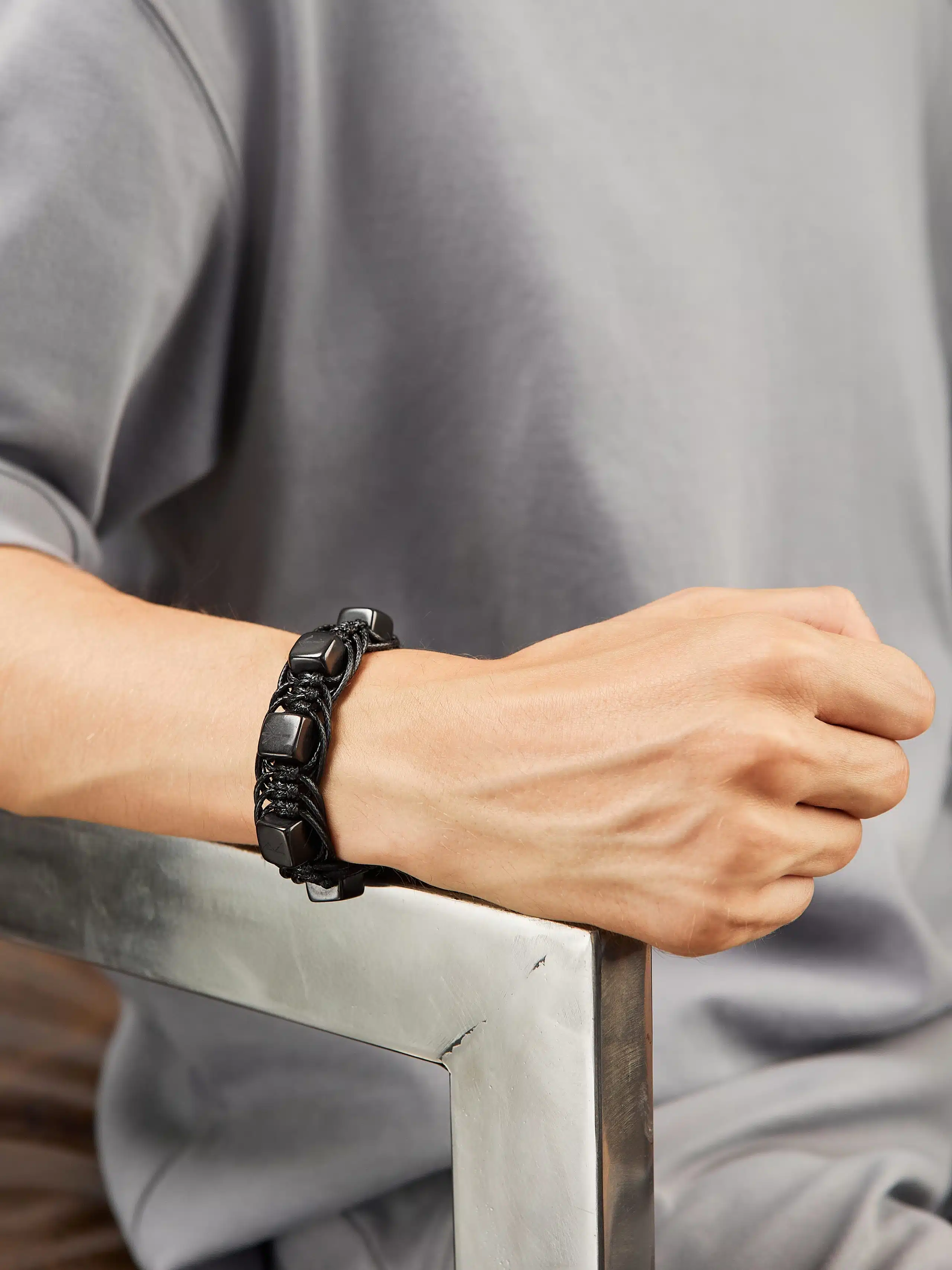 Shungite shambhala macrame bracelet with 5 tumbled cubic polished engraved Runes beads 0.47 in (12 mm) on a black polyester cord, adjustable size 15-30 - Image 2