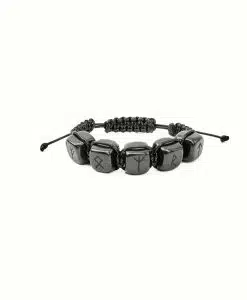 Shungite shambhala macrame bracelet with 5 tumbled cubic polished engraved Runes beads 0.63 in (16 mm) on a black polyester cord, adjustable size 15-30