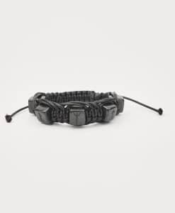 Shungite shambhala macrame bracelet with 5 tumbled cubic polished engraved Runes beads 0.47 in (12 mm) on a black polyester cord, adjustable size 15-30