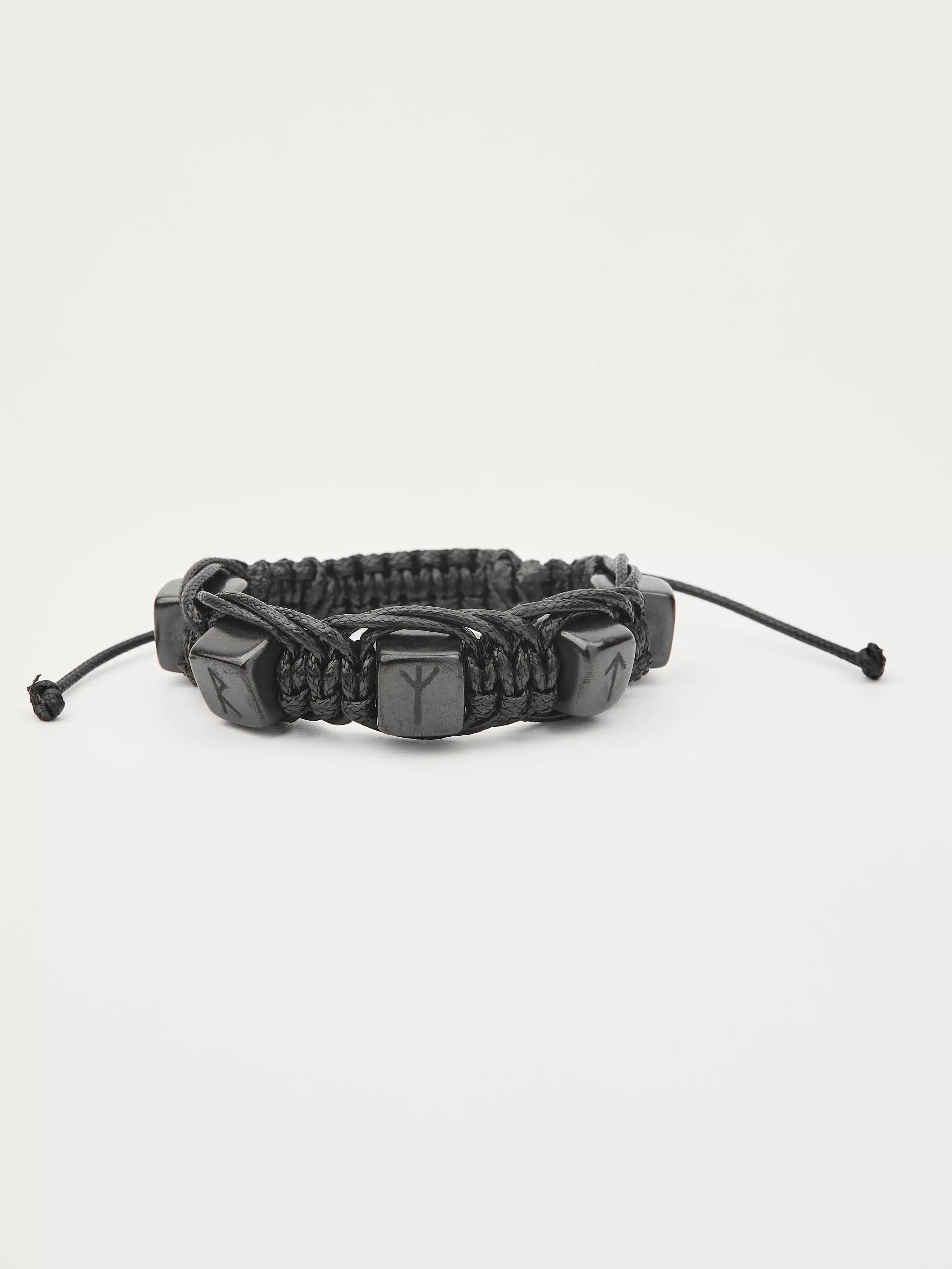 Shungite shambhala macrame bracelet with 5 tumbled cubic polished engraved Runes beads 0.47 in (12 mm) on a black polyester cord, adjustable size 15-30