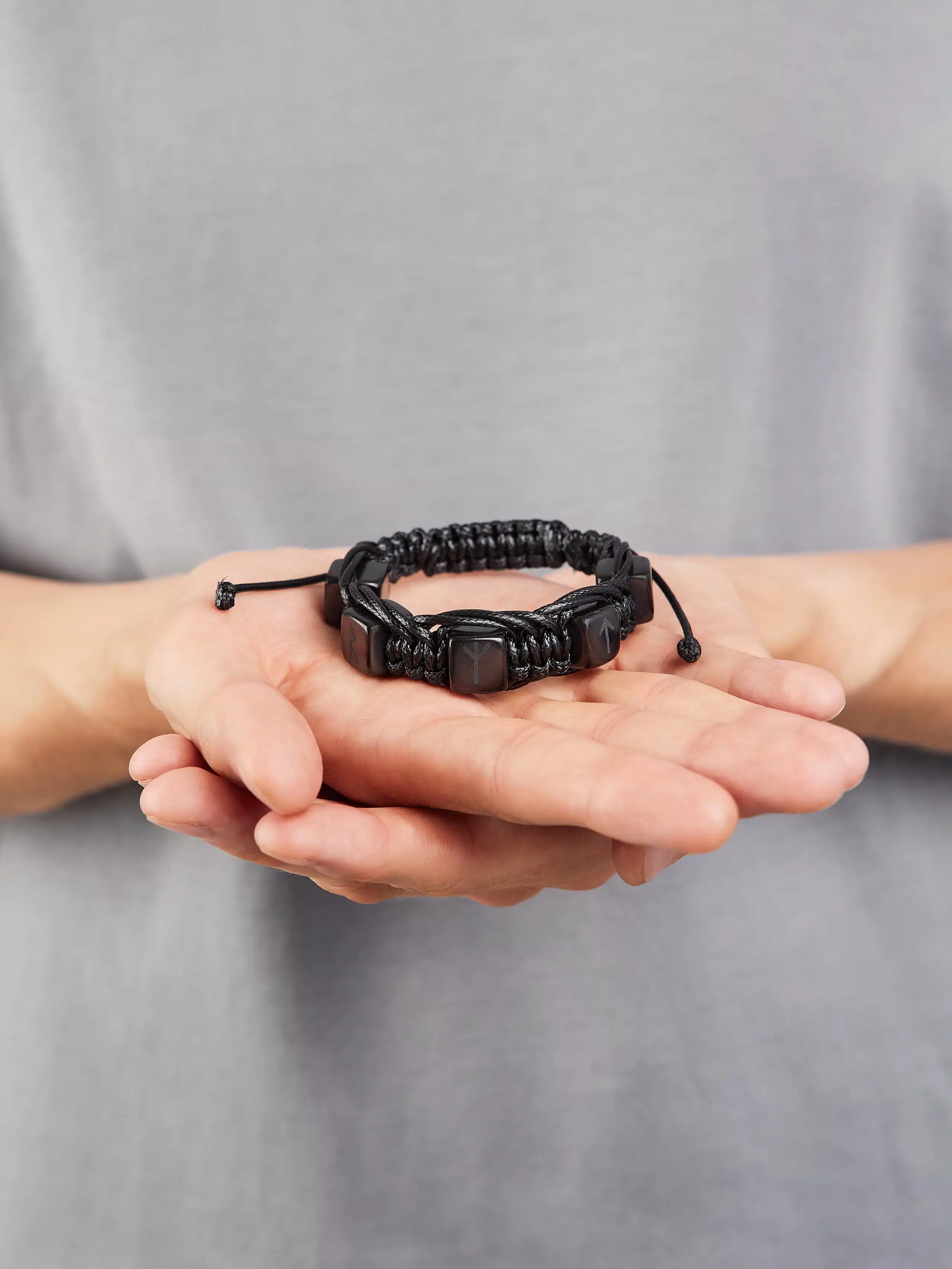 Shungite shambhala macrame bracelet with 5 tumbled cubic polished engraved Runes beads 0.47 in (12 mm) on a black polyester cord, adjustable size 15-30 - Image 4