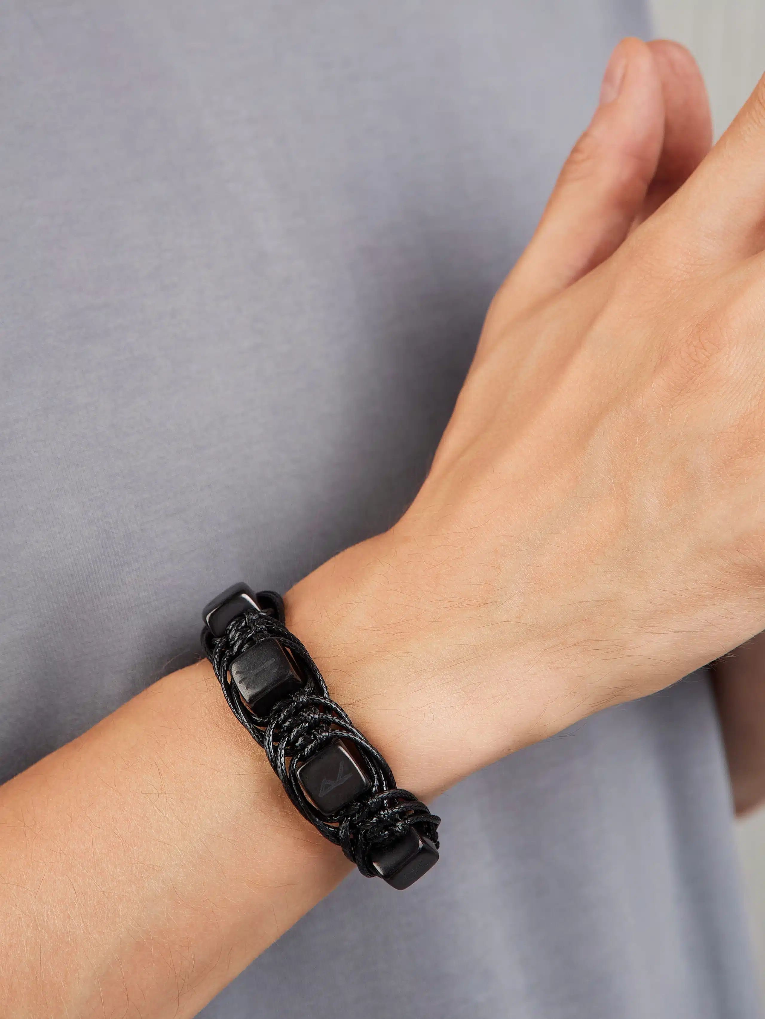 Shungite shambhala macrame bracelet with 5 tumbled cubic polished engraved Runes beads 0.47 in (12 mm) on a black polyester cord, adjustable size 15-30 - Image 6